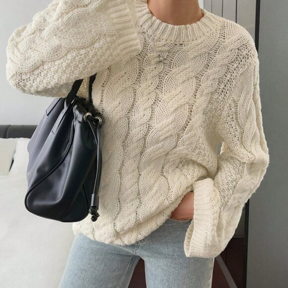 White Casual Women's Hemp Pattern Round Collar Wide Sleeve Long Sleeve Sweater - Picture 7 of 9